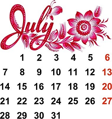 EPS 해외이미지 디자인 꽃 나비 백그라운드 잎 일러스트 수채화 미술 사람없음 빨간색 달력 손그림 7월 해외202004 해외일러스트 식물 컬러 곤충 문화예술 날짜 파일형식 벡터 이미지허브