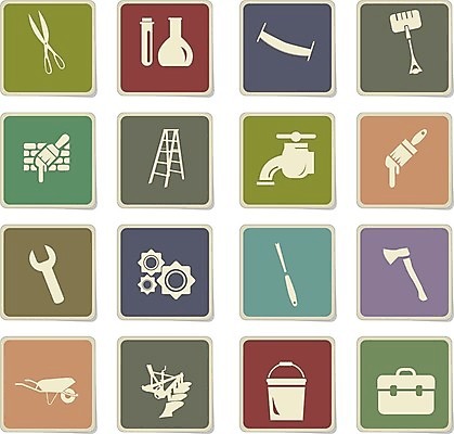 EPS 해외이미지 벽 일러스트 사다리 벽돌 상자 페인트 수레 스패너 붓 삽 양동이 심볼 기중기 도끼 쟁기 해외202004 해외일러스트 카트 도구 공구 중장비 파일형식 벡터 이미지허브