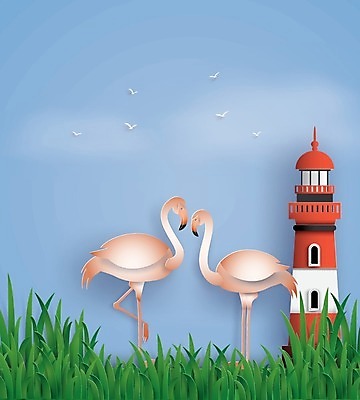 EPS 해외이미지 동물 커플 바다 분홍색 일러스트 자연 조류 등대 여름 플라밍고 이국적 해외202004 해외일러스트 계절 컬러 관계 생태계 파일형식 벡터 이미지허브