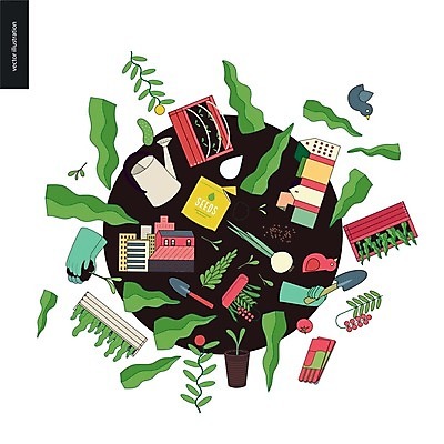 EPS 해외이미지 식물 열매 화분 장갑 잎 일러스트 씨앗 사람없음 초록색 물 상자 새싹 흙 밭일 해외202004 해외일러스트 자연요소 잡화 컬러 파일형식 벡터 이미지허브