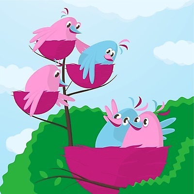 EPS 해외이미지 나무 동물 디자인 커플 어린이 분홍색 일러스트 가족 조류 병아리 그래픽 파란색 컬러풀 자녀 나뭇가지 쌍 큼 만화 깃털 해외202004 해외일러스트 식물 컬러 관계 사람 크기 파일형식 벡터 이미지허브