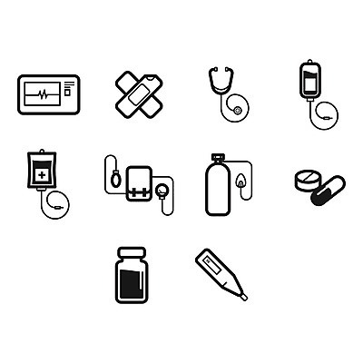 EPS 해외이미지 일러스트 청진기 세트 온도계 만화 수집 심플 심전도 투입 해외202004 해외일러스트 의료기기 모션 파일형식 벡터 이미지허브