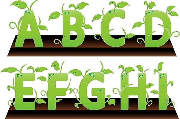 EPS 해외이미지 알파벳 영어 어린이 잎 일러스트 타이포그라피 초록색 환경 신선 E G B A C F D H 내추럴 I 테마 해외202004 해외일러스트 식물 문자 컬러 사람 파일형식 벡터 이미지허브