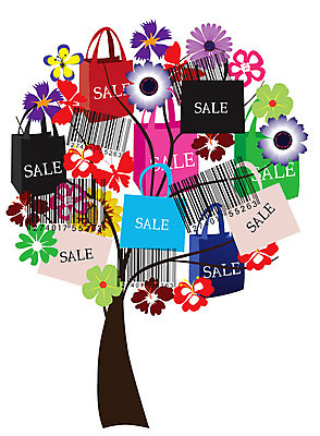 EPS 해외이미지 나무 꽃 일러스트 추상 사람없음 컬러풀 쇼핑백 바코드 해외202004 해외일러스트 식물 컬러 무늬 가방 파일형식 벡터 이미지허브