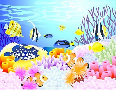EPS 해외이미지 동물 일러스트 어류 사람없음 파란색 컬러풀 바닷속 산호 열대어 말미잘 해외202004 해외일러스트 컬러 수중 수중동물 자포동물 파일형식 벡터 이미지허브