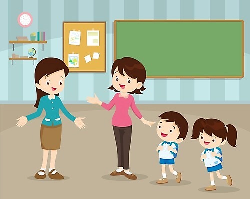 EPS 해외이미지 여자 남자 어린이 일러스트 학교 대화 소녀 소년 여러명 성인 강사 교사 칠판 환영 해외202004 해외일러스트 직업 교육 다수 말하기 사람 파일형식 벡터 이미지허브