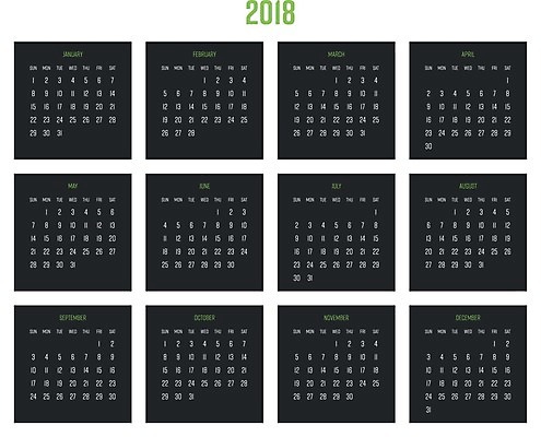 EPS 해외이미지 템플릿 디자인 배너 포스터 벽 일러스트 이벤트 초록색 라벨 다이어리 블록 달력 시간 신용카드 일주일 이름 날짜 계획 12월 4월 6월 9월 11월 5월 연도 심플 주말 일요일 직사각형 1월 8월 10월 7월 2월 월 2018년 헤딩 해외202004 해외일러스트 도형 컬러 컨셉 프레임 금융 사무용품 축구 요일 파일형식 벡터 이미지허브