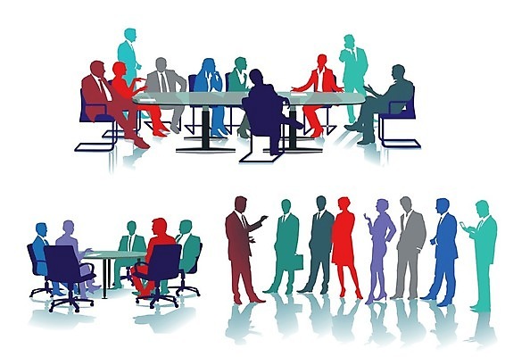 EPS 해외이미지 여자 남자 실루엣 일러스트 회사 비즈니스 회의 사람 여러명 컬러풀 사무실 비즈니스맨 비즈니스우먼 발표 토론 책상 동료 해외202004 해외일러스트 컬러 가구 다수 관계 촬영기법 직장인 파일형식 벡터 이미지허브