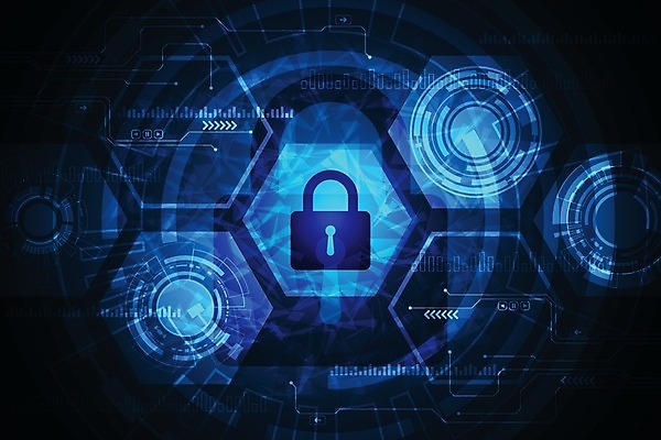 EPS 해외이미지 디자인 컨셉 일러스트 추상 미래 자물쇠 사람없음 그래픽 파란색 디지털 잠금 보안 육각형 해외202004 해외일러스트 도형 컬러 무늬 안전 파일형식 벡터 이미지허브