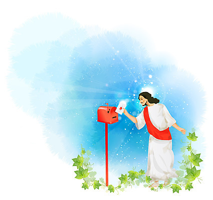 전신 식물 기독교 종교 백그라운드 일러스트 편지봉투 한명 서기 들기 믿음 우체통 풀 예수 편지 국내일러스트 AI파일 1 감정 모션 봉투 사람 신_종교 파일형식 벡터