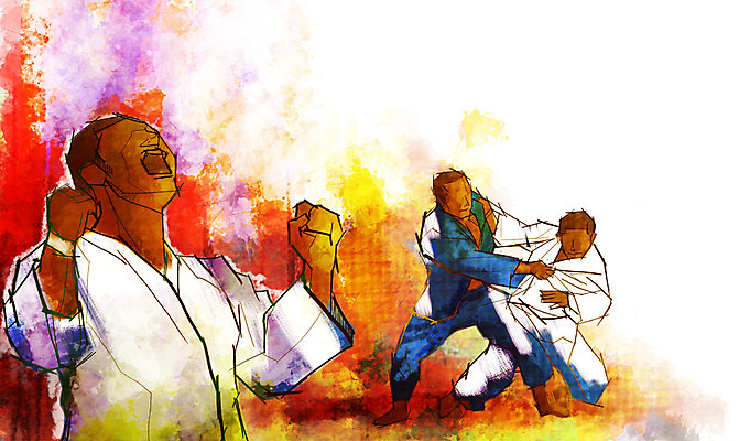 전신 PSD 남자 스포츠 포즈 백그라운드 올림픽 일러스트 모션 운동선수 도복 서기 사람 경기 성인 세명 운동복 운동 자신감 목표 열정 유도 남자만 성인남자만 성인만 국내일러스트 옷 감정 컨셉 건강 격투기 파일형식