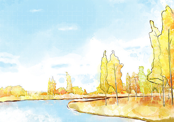 PSD 나무 식물 구름 사계절 계절 호수 백그라운드 일러스트 자연 하늘 따뜻함 풍경 초원 사람없음 물 강 가을풍경 가을 자연백그라운드 가을배경 국내일러스트 자연요소 생태계 파일형식 가을_계절