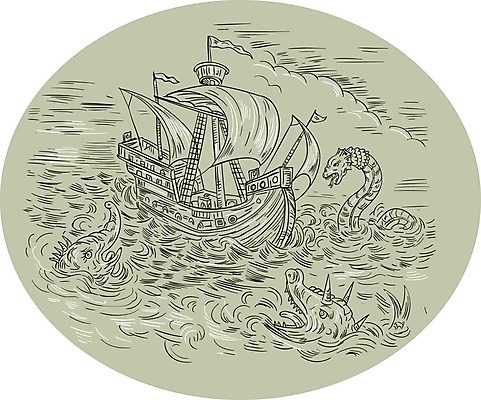 EPS 해외이미지 동물 야생동물 바다 일러스트 생물 잉크 그래픽 물 중세 스케치 그림 범선 손그림 스크래치 신화 폭풍우 핸드메이드 해외202004 해외일러스트 자연요소 배_교통 미술 비_날씨 역사 자연재해 파일형식 벡터 이미지허브