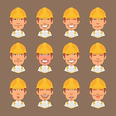EPS 해외이미지 캐릭터 디자인 감정 산업 얼굴 일러스트 비즈니스 노동자 미술 미소 사람 그래픽 세트 기쁨 분노 표현 업무 플랫 헬멧 만화 수집 가득함 오브젝트 클립 건축업자 마스코트 캐리커처 해외202004 해외일러스트 일러캐릭터 직업 건축 문화예술 표정 신체부위 작업 보호장비 그림 파일형식 벡터 이미지허브