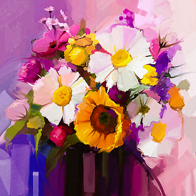 JPG 해외이미지 꽃 여러송이 일러스트 사람없음 그림 데이지 손그림 거베라 유화 해외202004 해외일러스트 식물 다수 미술 파일형식 이미지허브