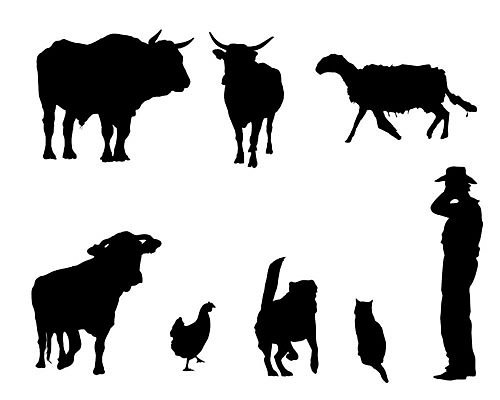 EPS 해외이미지 동물 실루엣 일러스트 노동자 세트 농장 마을 고양이 치킨 시골 양 소 카우보이 개 농부 수집 황소 암탉 해외202004 해외일러스트 직업 농업 포유류 촬영기법 반려동물 닭 암컷 닭고기요리 파일형식 벡터 이미지허브