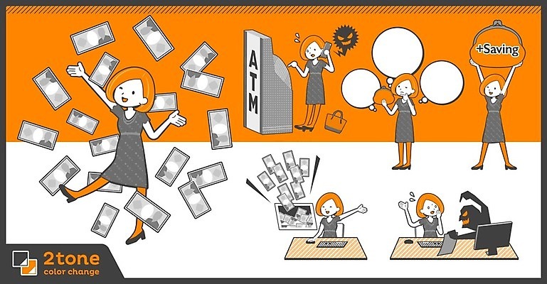 EPS 해외이미지 전신 원피스 여자 지폐 돈 생각 일러스트 여러명 성인 금융 경제 세트 주황색 속임수 범죄 지갑 선택 책상 ATM 보이스피싱 성인여자만 해외202004 해외일러스트 옷 컬러 가구 다수 컨셉 사람 재산 피싱 여자만 성인만 파일형식 벡터 이미지허브