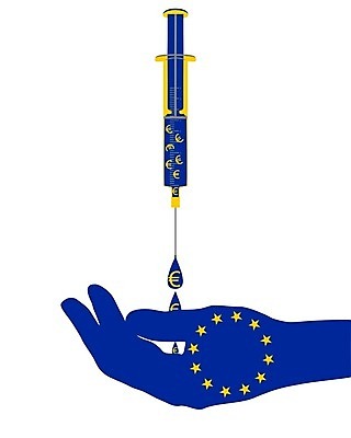 EPS 해외이미지 손 배너 실루엣 유럽 별 돈 신체 일러스트 부분 사람 금융 파란색 노란색 유로 깃발 심볼 주사약 분배 전국 지원 투입 해외202004 해외일러스트 자연요소 나라 컬러 모션 촬영기법 신체부위 경제 약 재산 파일형식 벡터 이미지허브