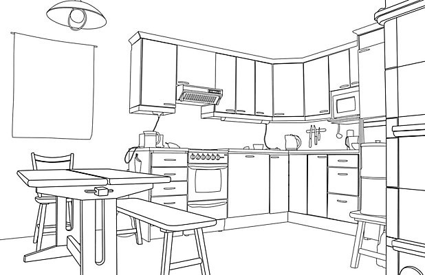 EPS 해외이미지 가구 일러스트 주택 실내 내부 그래픽 3D 주방 방 흰색 계획 스케치 그림 윤곽 해외202004 해외일러스트 컬러 생활용품 컨셉 미술 건물 디지털합성 파일형식 벡터 이미지허브
