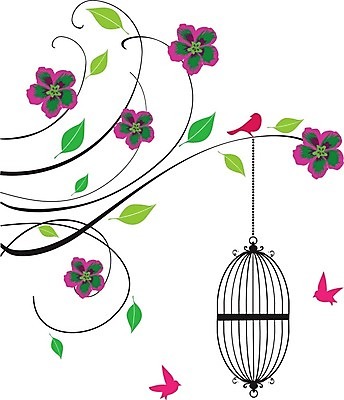 EPS 해외이미지 꽃 실루엣 일러스트 조류 매달리기 사람없음 나뭇가지 새장 해외일러스트 나무 식물 동물 모션 촬영기법 케이지 파일형식 벡터 이미지허브