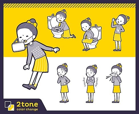 EPS 해외이미지 전신 여자 리본 어린이 일러스트 건강 마스크 앉기 소녀 여러명 세트 노란색 추위 먹기 변기 구토 기침 오한 재채기 소녀만 해외202004 해외일러스트 컬러 다수 모션 사람 증상 여자만 어린이만 파일형식 벡터 이미지허브