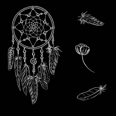 EPS 해외이미지 전통 꽃 일러스트 사람없음 장식 검은색 꿈 흰색 깃털 부적 드림캐쳐 해외202004 해외일러스트 식물 컬러 파일형식 벡터 이미지허브