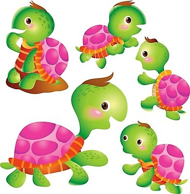 EPS 해외이미지 동물 새끼 분홍색 백그라운드 여러마리 파충류 사람없음 초록색 거북이 카툰스타일 마스코트 해외202004 컬러 다수 파일형식 벡터 이미지허브