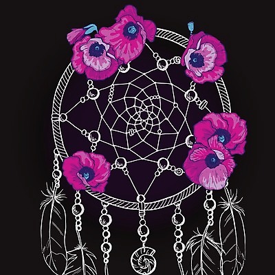 EPS 해외이미지 전통 꽃 일러스트 사람없음 장식 검은색 꿈 자주색 깃털 부적 드림캐쳐 해외202004 해외일러스트 식물 컬러 파일형식 벡터 이미지허브