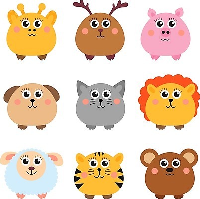 EPS 해외이미지 모양 동물 캐릭터 디자인 행복 얼굴 어린이 일러스트 곰 자연 사슴 동물원 미술 세트 농장 머리 고양이 아기 양 돼지 원형 호랑이 소 개 사자 만화 수집 고립 해외202004 해외일러스트 일러캐릭터 도형 감정 농업 포유류 문화예술 사람 신체부위 반려동물 생태계 파일형식 벡터 이미지허브