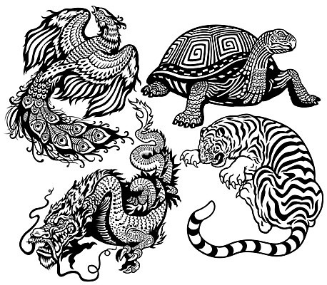 EPS 해외이미지 동물 일러스트 자연 조류 하늘 생물 주택 흑백 여러명 세트 중국 화목 에너지 용 4 호랑이 거북이 수집 심볼 공상 북쪽 마법 동쪽 남쪽 봉황 서쪽 해외202004 해외일러스트 아시아 다수 컨셉 포유류 파충류 촬영기법 사람 건물 숫자 방향 생태계 파일형식 벡터 이미지허브