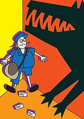 EPS 해외이미지 직업 남자 일러스트 세로 업무 유머 개 배달원 위험 공격 만화 우체부 서비스 조심 거인 몬스터 해외202004 해외일러스트 감정 컨셉 포유류 모션 사람 작업 파일형식 벡터 이미지허브