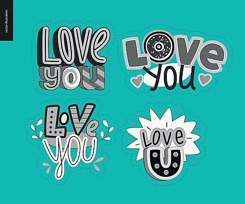 EPS 해외이미지 스티커 일러스트 사랑 타이포그라피 사람없음 세트 민트색 해외202004 해외일러스트 문자 감정 컬러 파일형식 벡터 이미지허브
