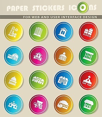 EPS 해외이미지 스티커 일러스트 학교 주택 병원 건물 태양 교회 탑 상점 감옥 심볼 헛간 시청 격납고 해외202004 해외일러스트 자연요소 건축물 교육 의학 저장고 파일형식 벡터 이미지허브