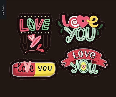 EPS 해외이미지 스티커 일러스트 사랑 타이포그라피 사람없음 세트 검은색 하트 해외202004 해외일러스트 모양 문자 감정 컬러 파일형식 벡터 이미지허브