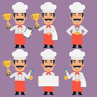 EPS 해외이미지 캐릭터 디자인 산업 종이 음식 일러스트 비즈니스 요리 미술 사람 그래픽 컵 세트 요리사 앞치마 업무 플랫 만화 수집 가득함 메달 콧수염 오브젝트 클립 마스코트 캐리커처 필승 해외202004 해외일러스트 일러캐릭터 직업 식기 문화예술 수염 우승 작업 그림 상_상패 파일형식 벡터 이미지허브
