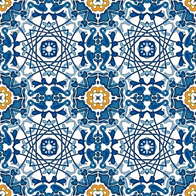 EPS 해외이미지 전통 디자인 패턴 오렌지 일러스트 벽지 추상 장식 파란색 노란색 흰색 포르투갈 타일 묘사 정사각형 모자이크 스페인어 아라베스크 엘리먼트 튀니지 해외202004 해외일러스트 도형 유럽 컬러 무늬 과일 아프리카 파일형식 벡터 이미지허브