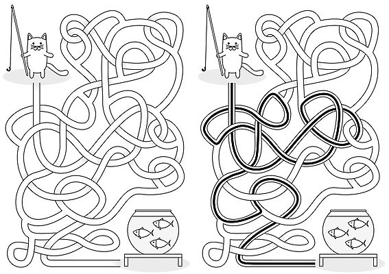 EPS 해외이미지 교육 길 일러스트 낚시 어류 검은색 고양이 게임 흰색 퍼즐 사발 만화 그림 금붕어 미로 해결 구성 쉬운 해외202004 해외일러스트 컬러 포유류 놀이 레저 반려동물 수중동물 사기그릇 파일형식 벡터 이미지허브