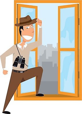 EPS 해외이미지 남자 컨셉 일러스트 창문 휴가 아이디어 야외 쌍안경 탐험 도시 만화 페도라 스카이라인 떠남 해외202004 해외일러스트 모자_잡화 모션 사람 망원경 파일형식 벡터 이미지허브