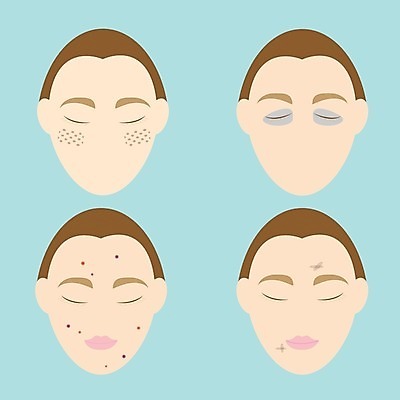 EPS 해외이미지 얼굴 일러스트 건강 머리 스파 화장품 손상 입 피부관리 문제 주근깨 여드름 옛날 흉터 해외202004 해외일러스트 컨셉 신체부위 뷰티 점 상처 파일형식 벡터 이미지허브