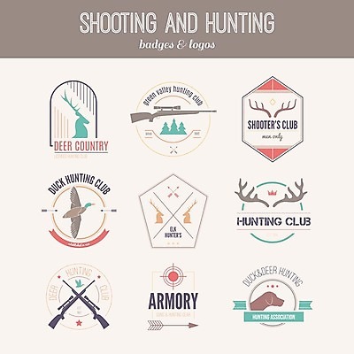 EPS 해외이미지 스티커 일러스트 사슴 오리 사람없음 세트 라벨 총 빈티지 사냥 사냥개 해외202004 해외일러스트 무기 컨셉 포유류 조류 프레임 개 파일형식 벡터 이미지허브