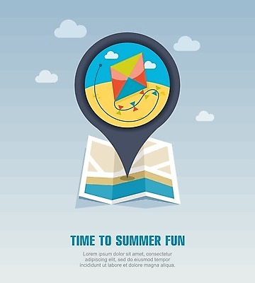 EPS 해외이미지 구름 지도 일러스트 하늘 해변 사람없음 여름 여름휴가 바캉스 장난감 연 위치 해외202004 해외일러스트 자연요소 계절 바다 휴가 놀이용품 파일형식 벡터 여름_계절 이미지허브