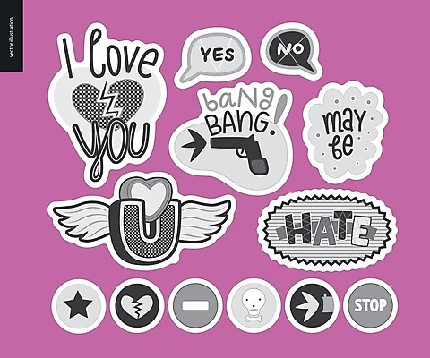 EPS 해외이미지 분홍색 스티커 일러스트 사랑 사람없음 세트 회색 해외202004 해외일러스트 감정 컬러 파일형식 벡터 이미지허브