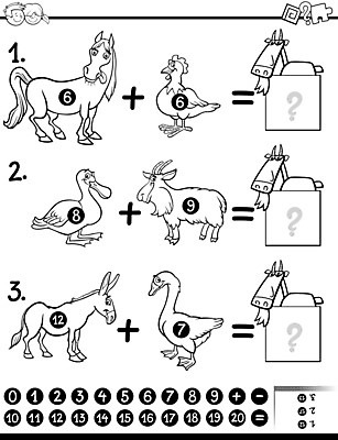 EPS 해외이미지 동물 템플릿 캐릭터 디자인 교육 어린이 일러스트 학교 흑백 그래픽 책 숫자 농장 가축 유치원 시험 게임 수학 퍼즐 가르침 계산 어플리케이션 덧셈 만화 준비 그림 페이지 해결 색칠공부 카운트 해외202004 해외일러스트 일러캐릭터 문자 농업 교과목 놀이 촬영기법 사람 학습 색칠 파일형식 벡터 이미지허브