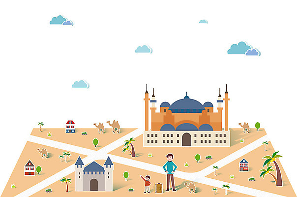 전신 나무 식물 동물 구름 건축물 남자 길 아들 어린이 여행 일러스트 가족 휴가 산 주택 서기 사람 소년 성인 두명 관광지 세계 야자수 여행가방 궁전 세계여행 성 아빠 낙타 팝업일러스트 남자만 튀르키예 국내일러스트 AI파일 자연요소 건축 아시아 고건축 가방 포유류 관계 모션 건물 파일형식 벡터