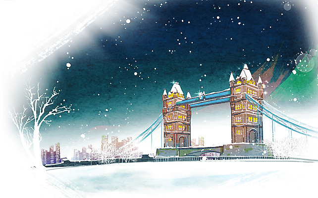 PSD 나무 식물 시설물 건축물 계절 별 백그라운드 겨울 일러스트 밤하늘 풍경 빌딩 사람없음 강 탑 추위 눈 타워브릿지 가교 눈내림 겨울배경 국내일러스트 자연요소 건축 하늘 날씨 영국 눈_날씨 건물 야간 파일형식