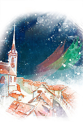 PSD 나무 식물 건축물 계절 별 백그라운드 겨울 일러스트 밤하늘 거리 풍경 사람없음 교회 마을 추위 눈 겨울배경 국내일러스트 자연요소 건축 종교건축 하늘 날씨 건물 야간 파일형식