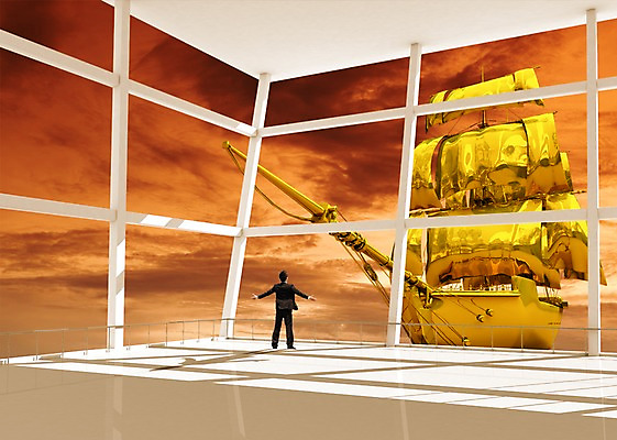 PSD 구름 편집 편집이미지 응시 남자 교통수단 수상교통 비즈니스 창문 하늘 팔벌리기 실내 한명 사람 뒷모습 3D 금색 황금 돛단배 돛 함선 선박 남자만 남자한명만 이미지편집 편집3D 자연요소 1 시선 뷰포인트 컬러 교통 배_교통 모션 내부 디지털합성 파일형식