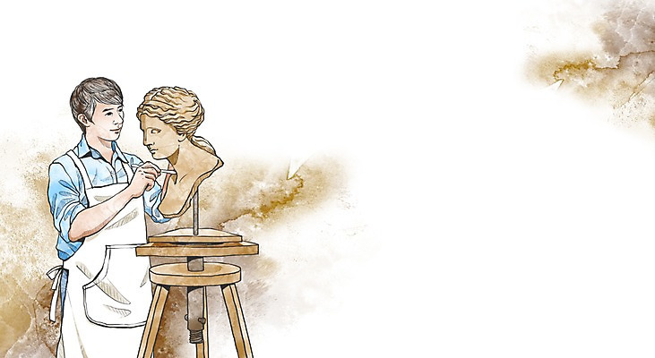 PSD 직업 학생 라이프스타일 교육 남자 대학생 조각 일러스트 한명 서기 들기 사람 상반신 라이프 조각상 앞치마 구직 작업 체험 목표 계획 대학교 열정 조각칼 조각_조소 남자만 남자한명만 국내일러스트 1 감정 컨셉 학교 모션 생활 조형물 칼 조소 파일형식