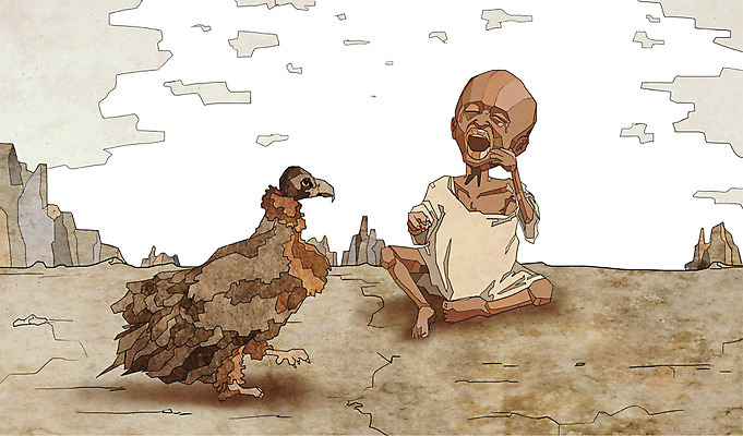 전신 PSD 동물 남자 어린이 일러스트 아프리카 사람 앉기 소년 슬픔 돌_바위 바위 울음 위험 가난 사회이슈 기아 사회복지 복지 눈물 독수리 난민 고아 영양실조 남자만 어린이만 소년만 구호활동 국내일러스트 감정 나라 컨셉 모션 조류 표정 파일형식