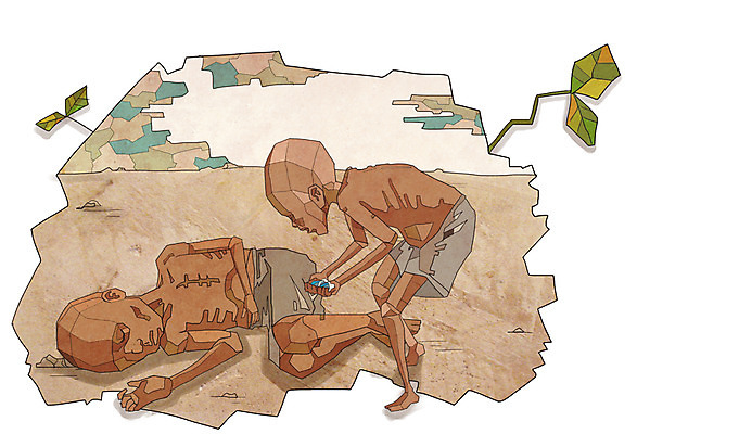 전신 PSD 식물 남자 어린이 일러스트 아프리카 나뭇잎 들기 사람 소년 두명 물 눕기 슬픔 위험 가난 사회이슈 기아 사회복지 복지 물부족 난민 고아 말라깽이 영양실조 남자만 어린이만 소년만 쓰러짐 구호활동 국내일러스트 자연요소 감정 나라 컨셉 잎 모션 파일형식